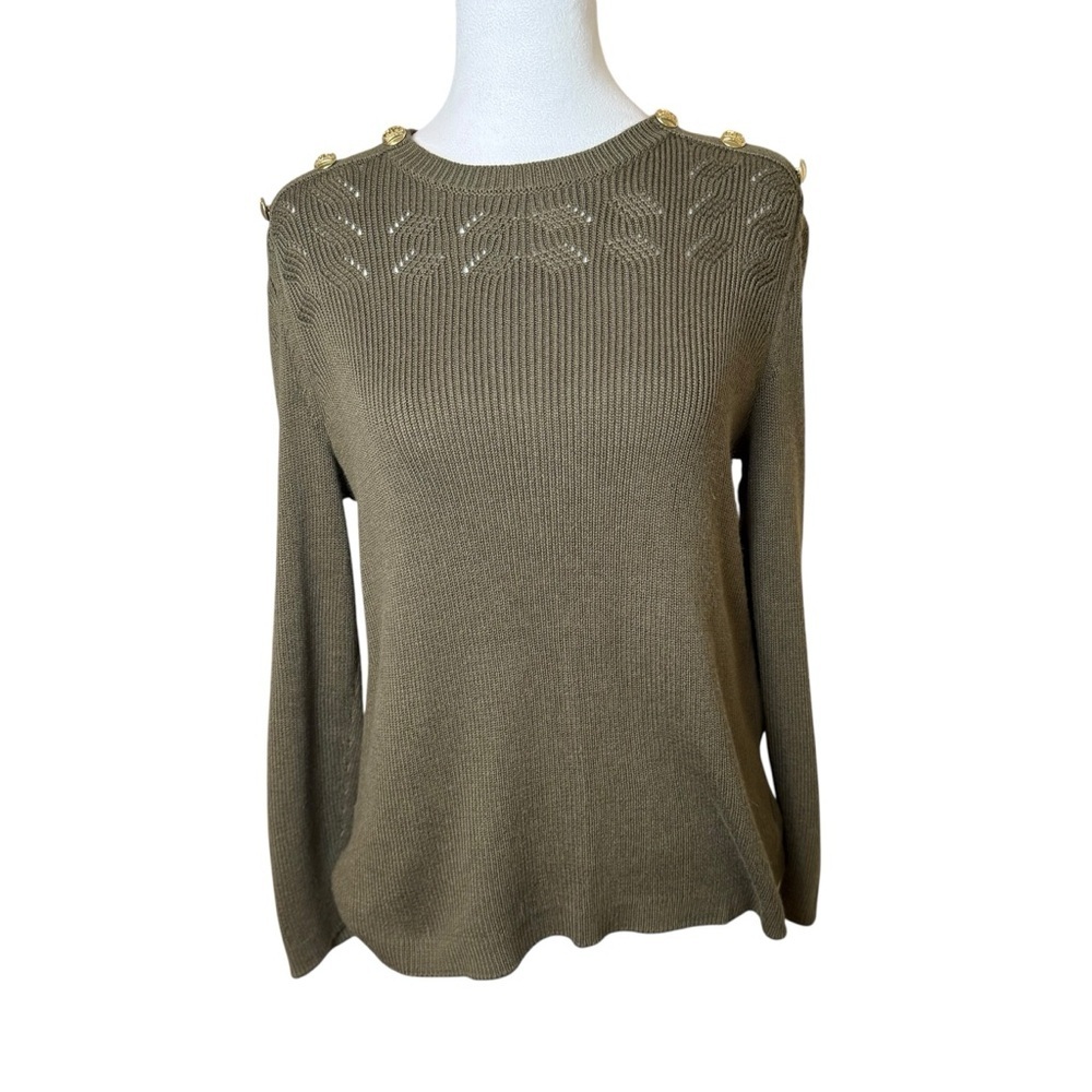 Talbots Petite XL Crewneck Sweater Pullover Olive Green Gold Buttons Fall Autumn